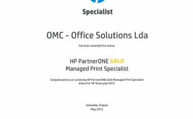 OMC é HP PartnerONE GOLD Managed Print Specialist 2012